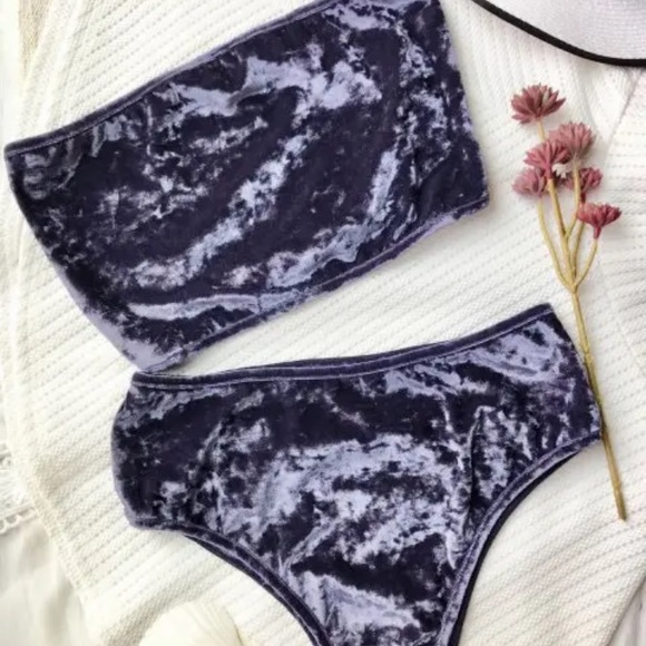 High Leg Velvet Bandeau Bikini Set - Purplish Blue